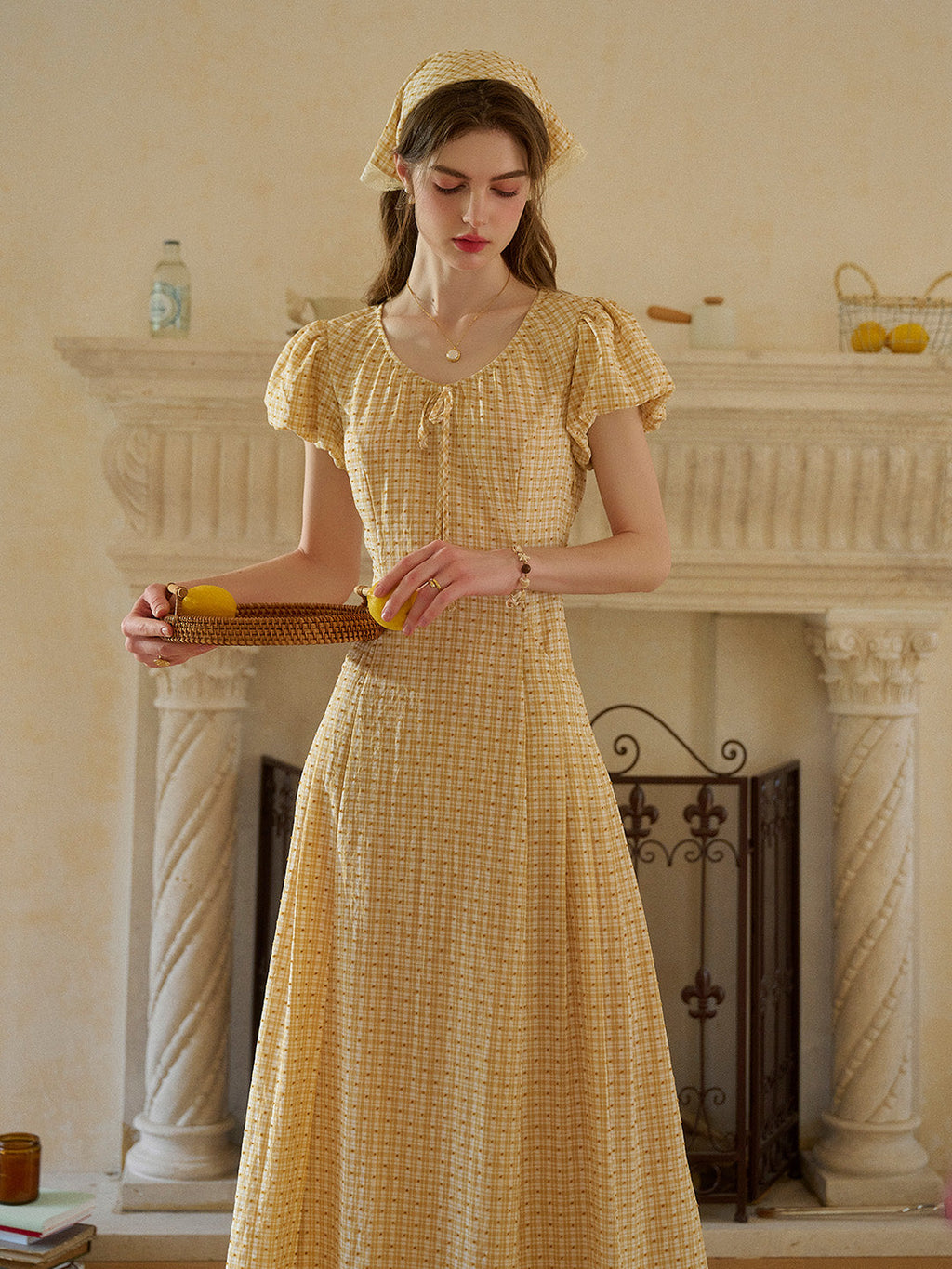 Willow Round Neck Plaid Puff Sleeve Viscose Dress - Yellow