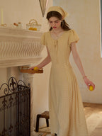Willow Round Neck Plaid Puff Sleeve Viscose Dress - Yellow