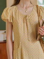 Willow Round Neck Plaid Puff Sleeve Viscose Dress - Yellow