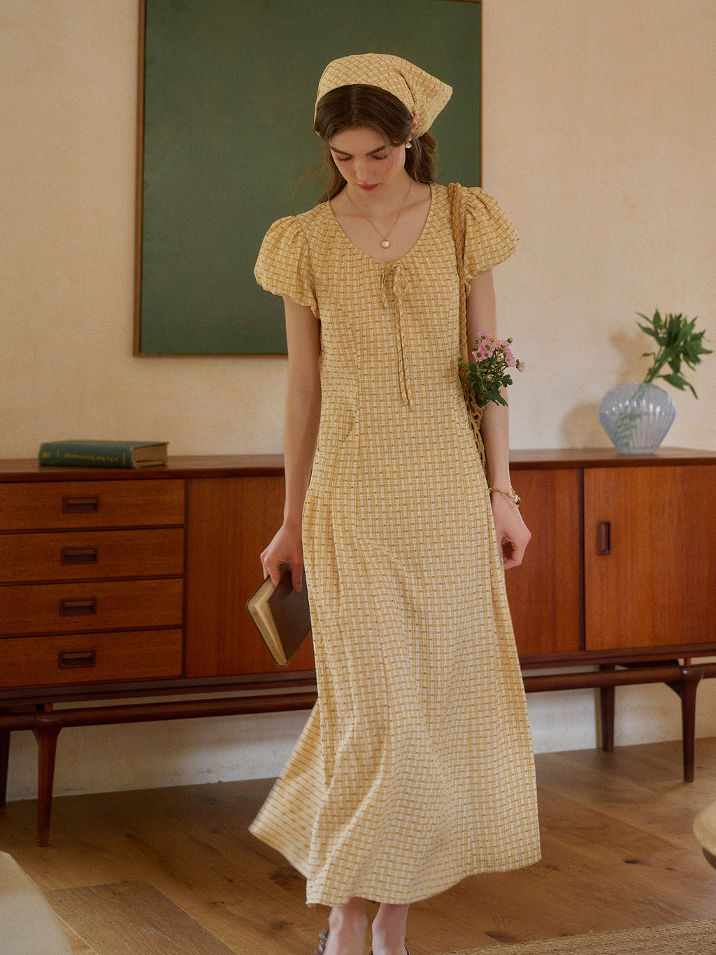 Willow Round Neck Plaid Puff Sleeve Viscose Dress - Yellow