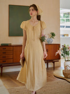 Willow Round Neck Plaid Puff Sleeve Viscose Dress - Yellow