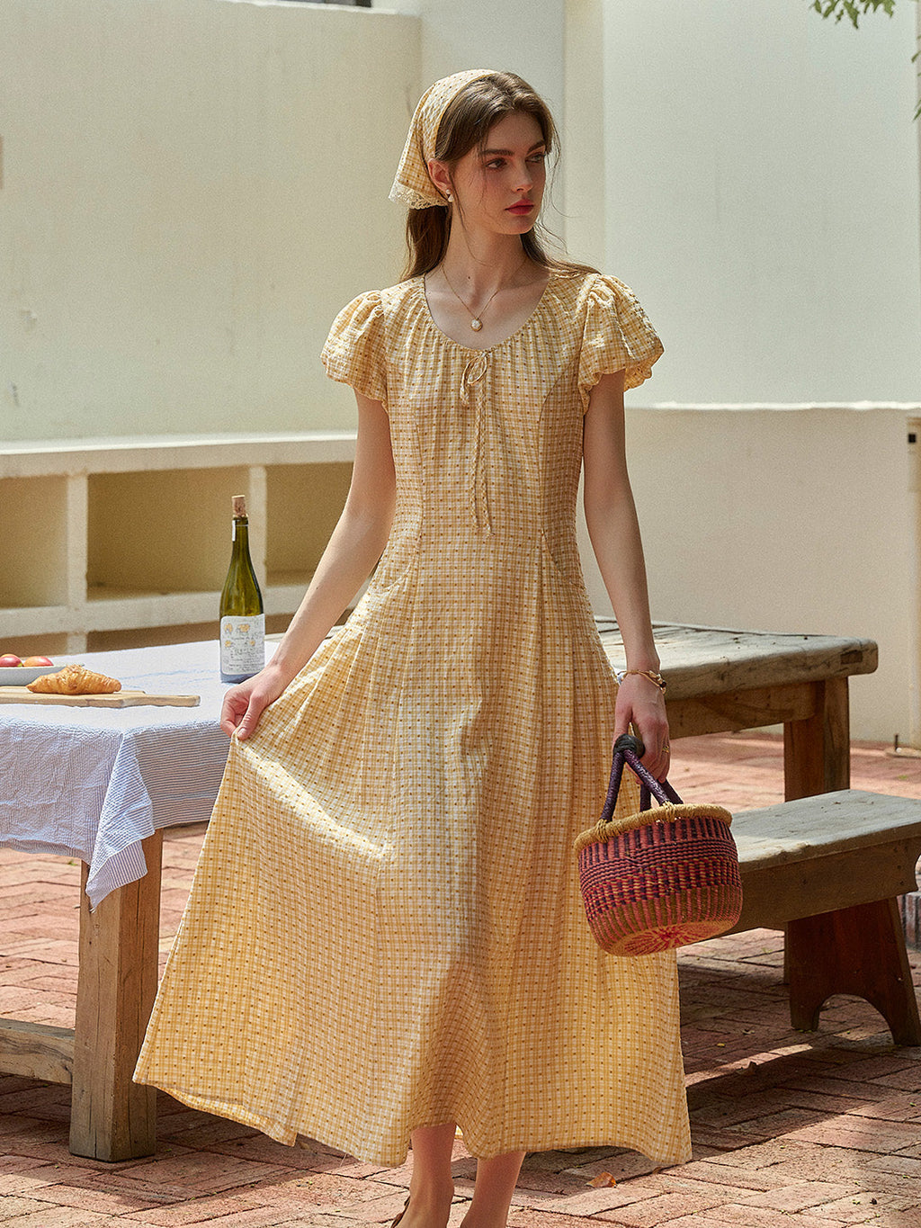Willow Round Neck Plaid Puff Sleeve Viscose Dress - Yellow