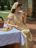 Willow Round Neck Plaid Puff Sleeve Viscose Dress - Yellow