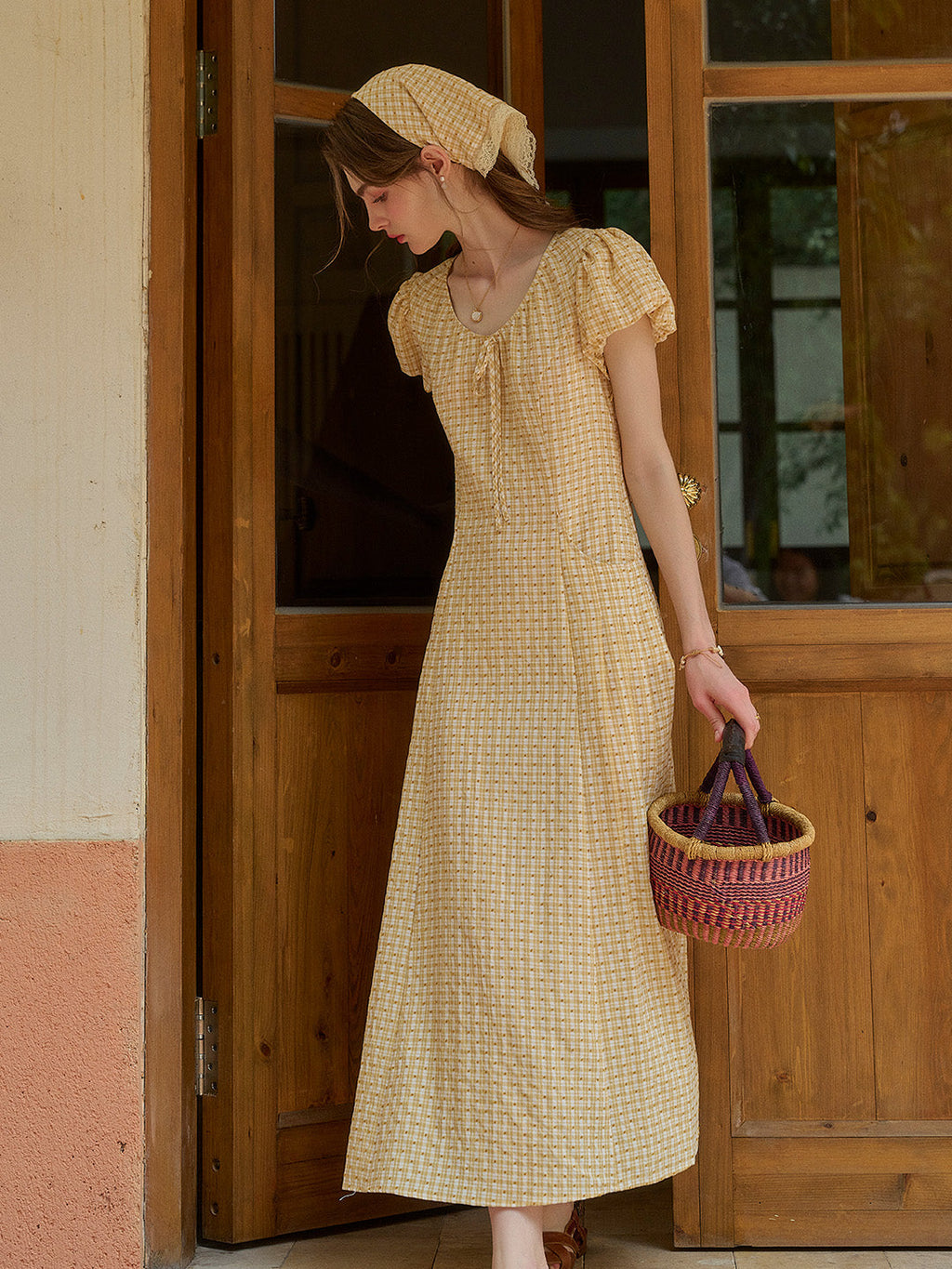 Willow Round Neck Plaid Puff Sleeve Viscose Dress - Yellow