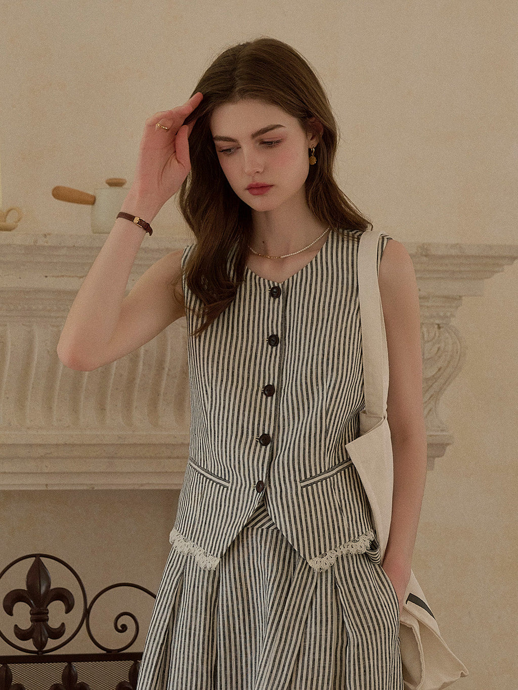 Ava Stripe Pleated 100% Linen Skirt