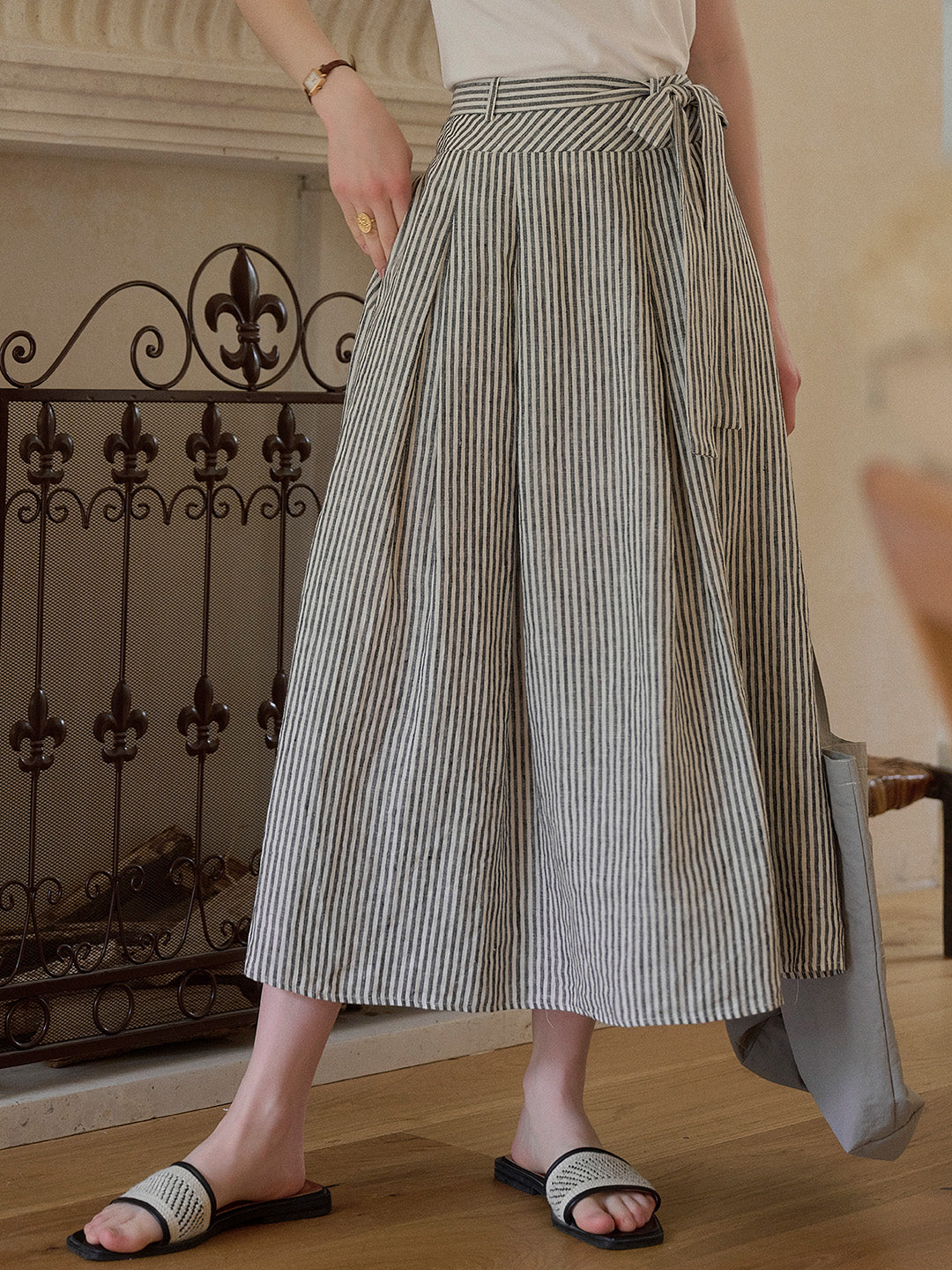 Ava Stripe Pleated 100% Linen Skirt