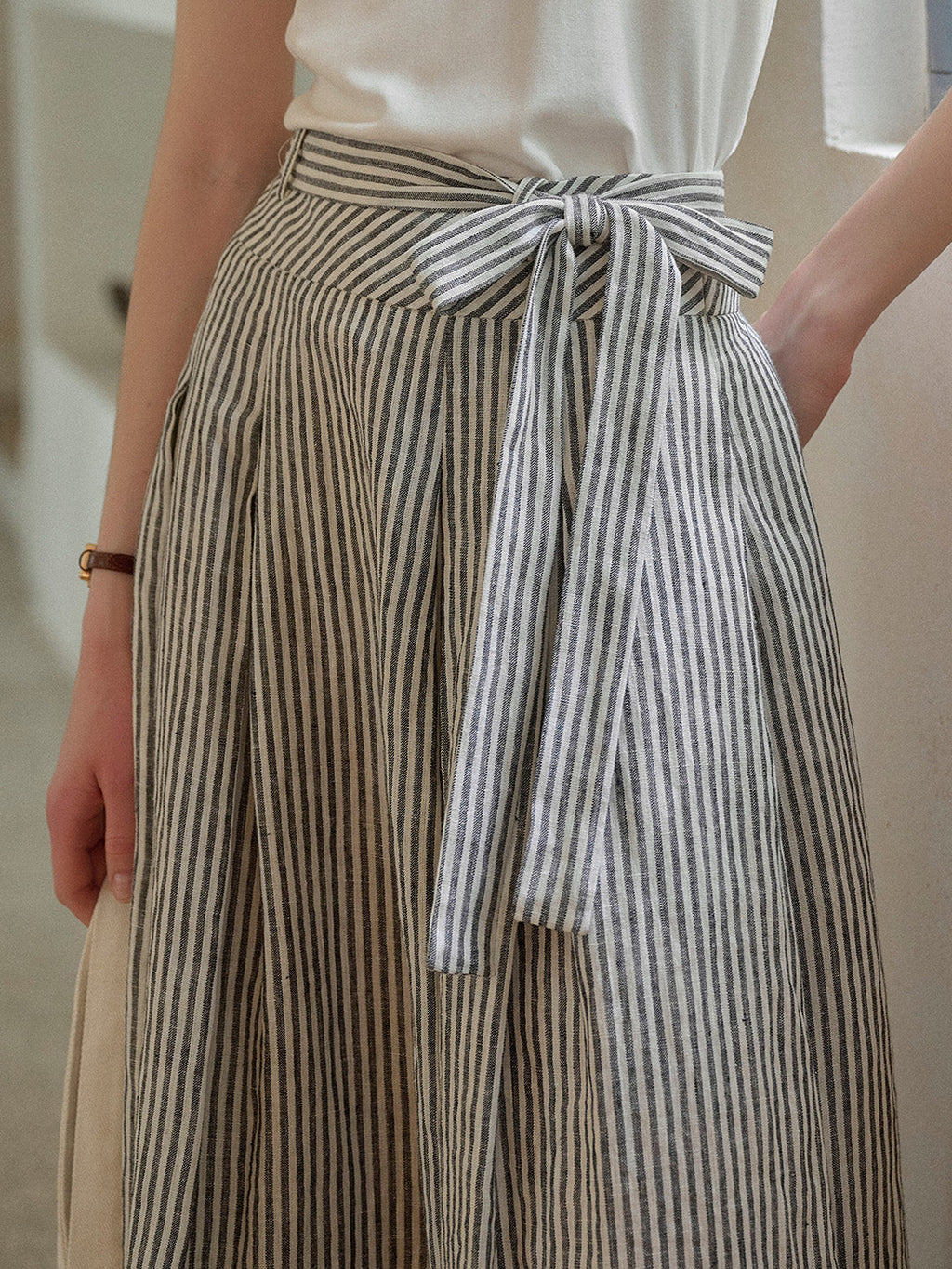 Ava Stripe Pleated 100% Linen Skirt