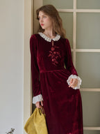 Aliana Round Neck Embroidery Velvet Dress