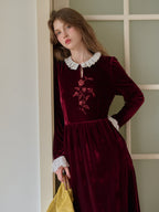 Aliana Round Neck Embroidery Velvet Dress