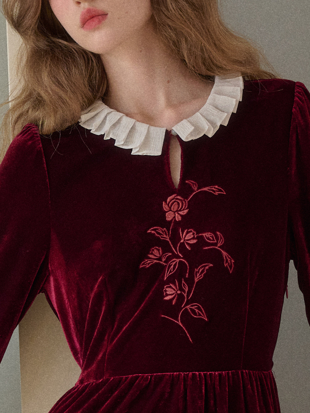 Aliana Round Neck Embroidery Velvet Dress