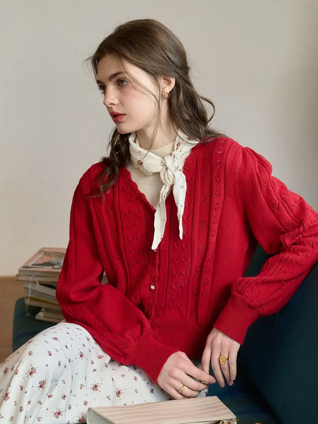 Amira Wave V-neck Cotton Knitted Cardigan
