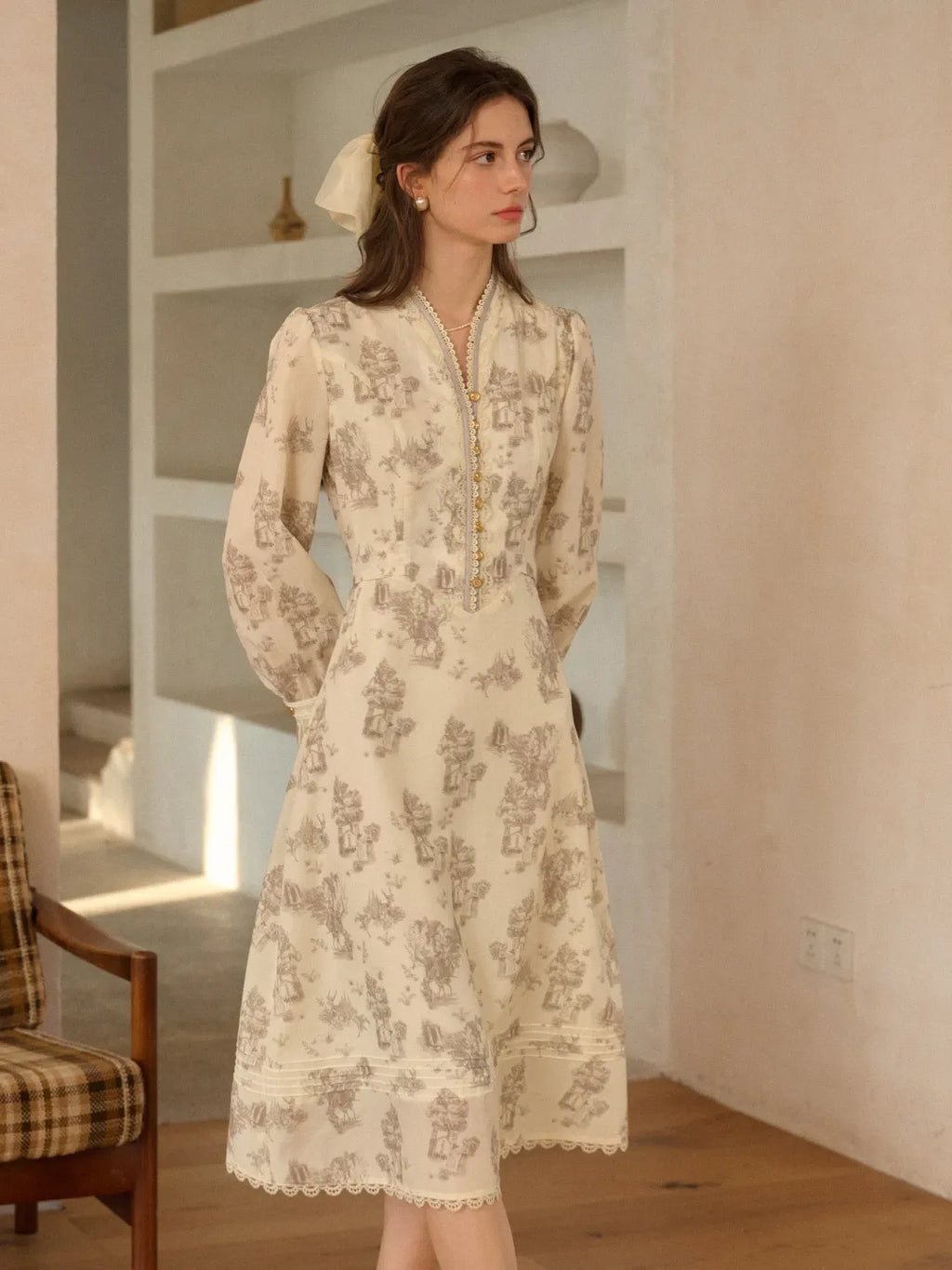 Lyric Printed Stand Collar Midi Dress