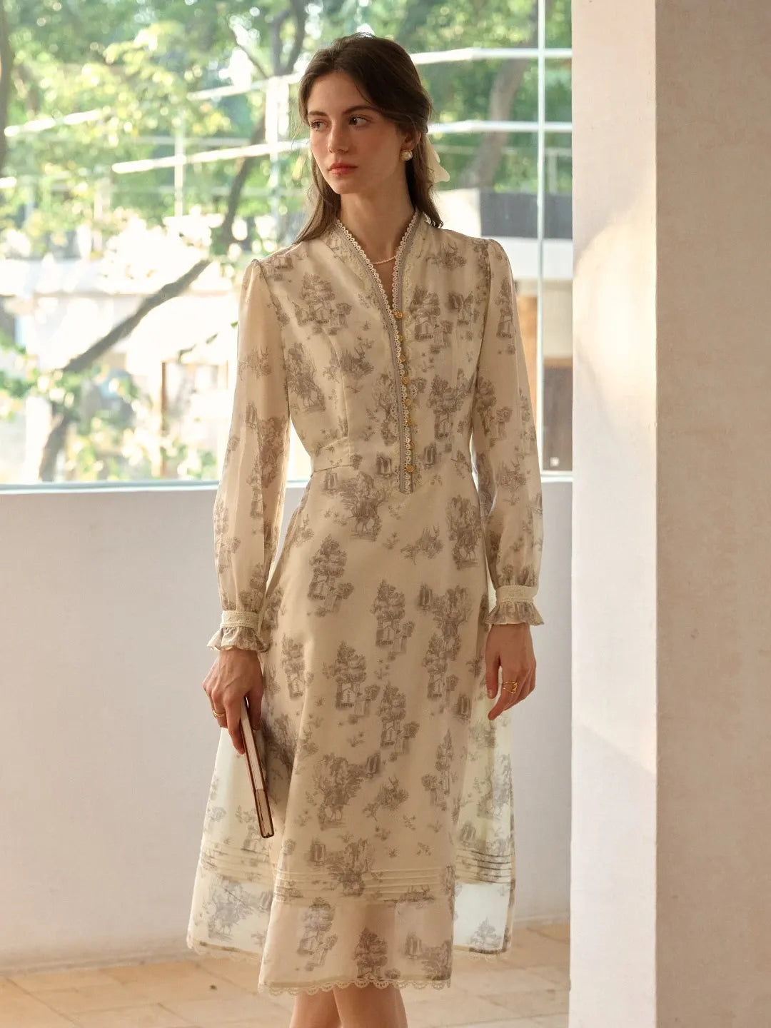 Lyric Printed Stand Collar Midi Dress