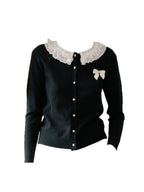 【Final Sale】Ruby Lace Lapel Contrasting Bow Cardigan - Purple