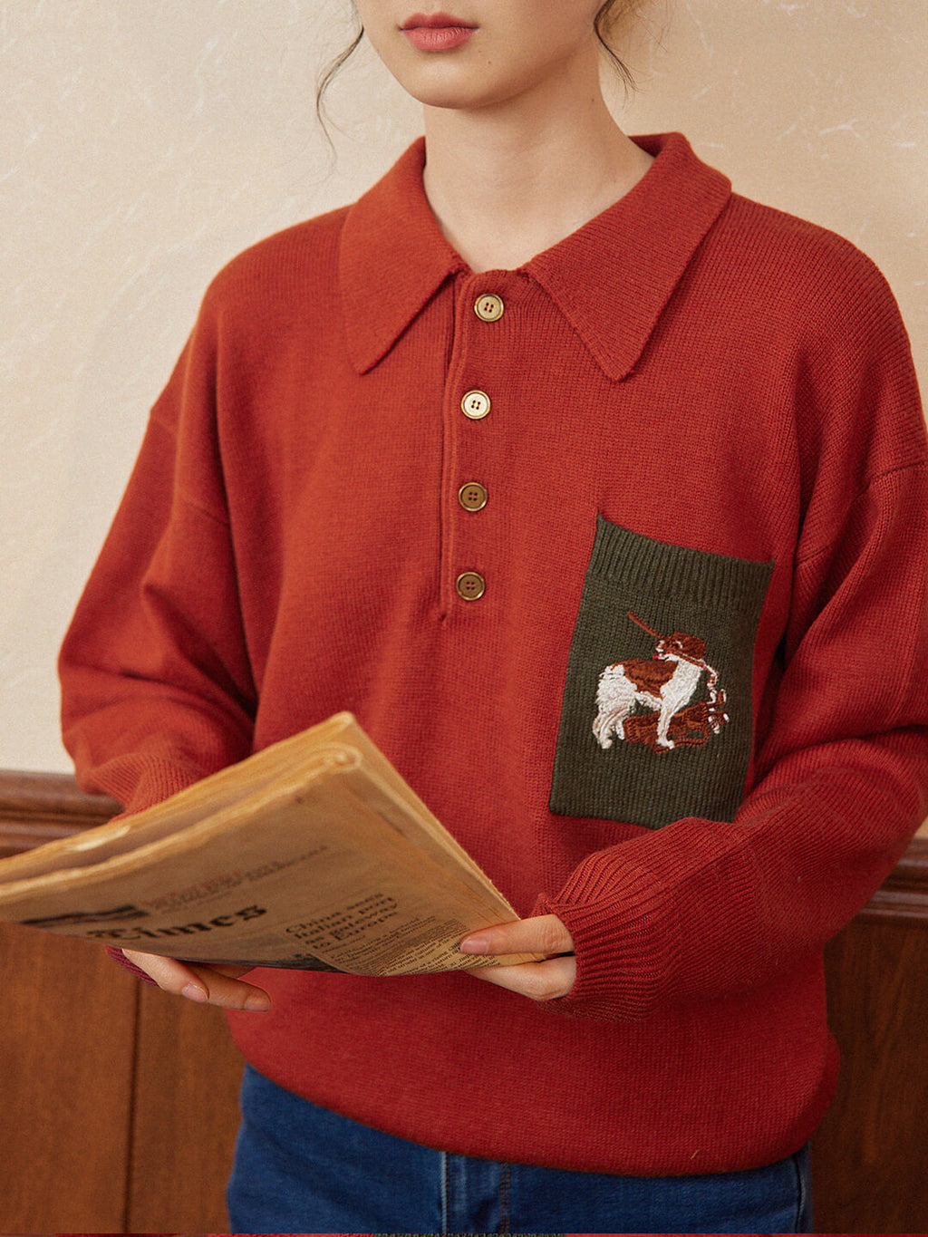 Raquel Polo Embroidery Christmas Red Knit Sweater