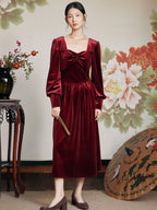 Imani Puff Sleeves Red Midi Velvet Dress