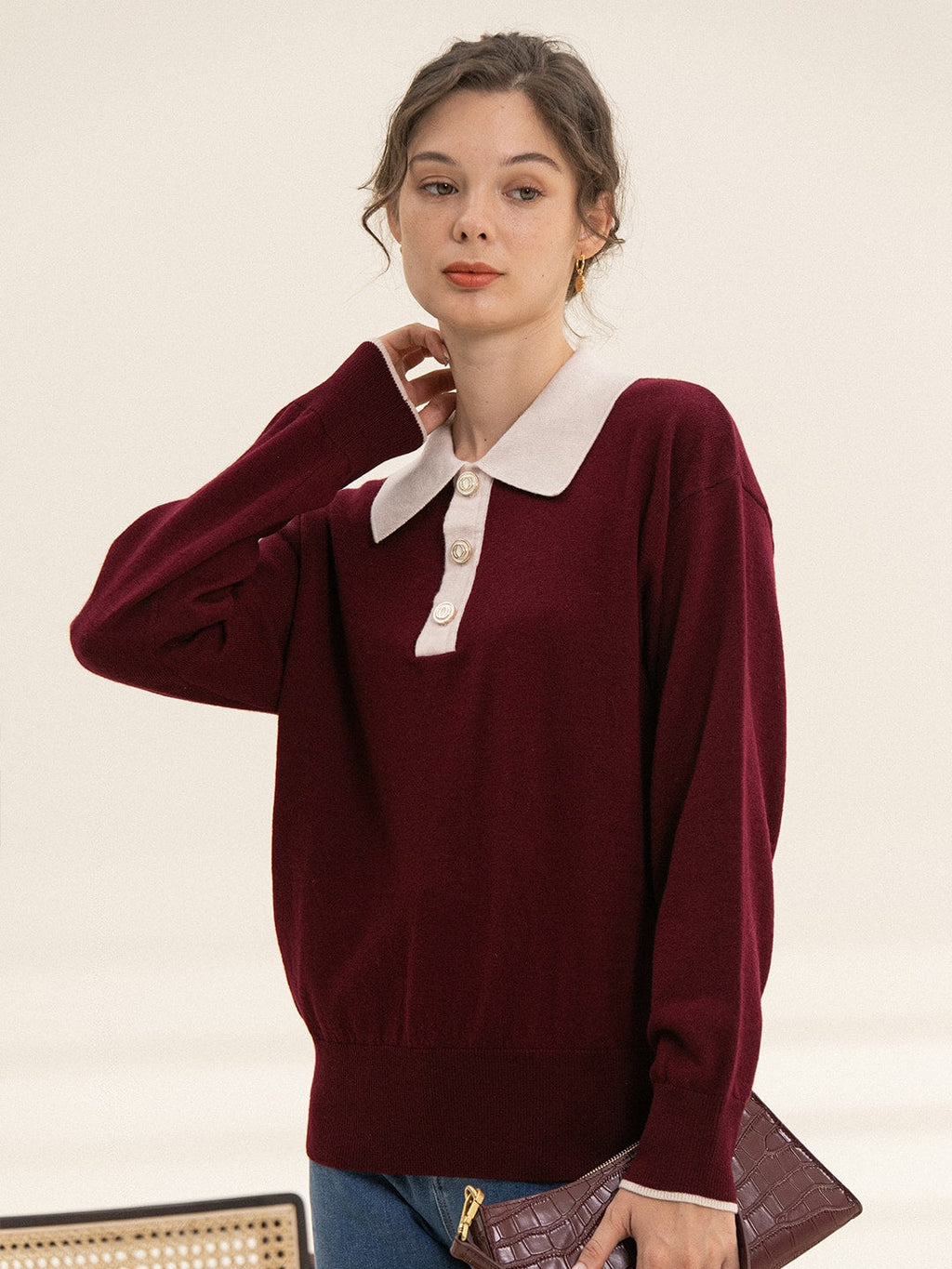 Selena Polo Contrast Collar 100% Wool Wine Red Knit Sweater