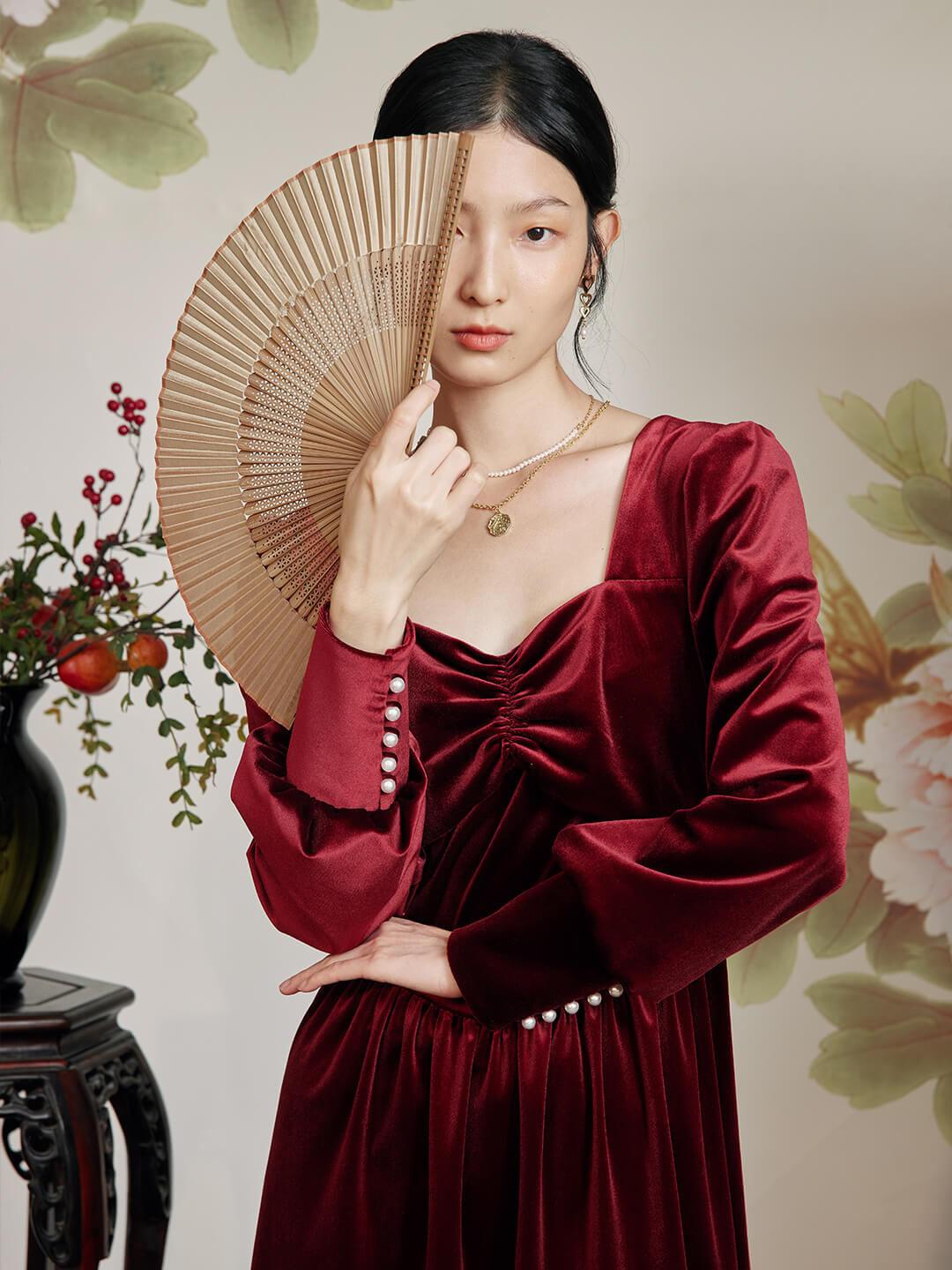 Imani Puff Sleeves Red Midi Velvet Dress