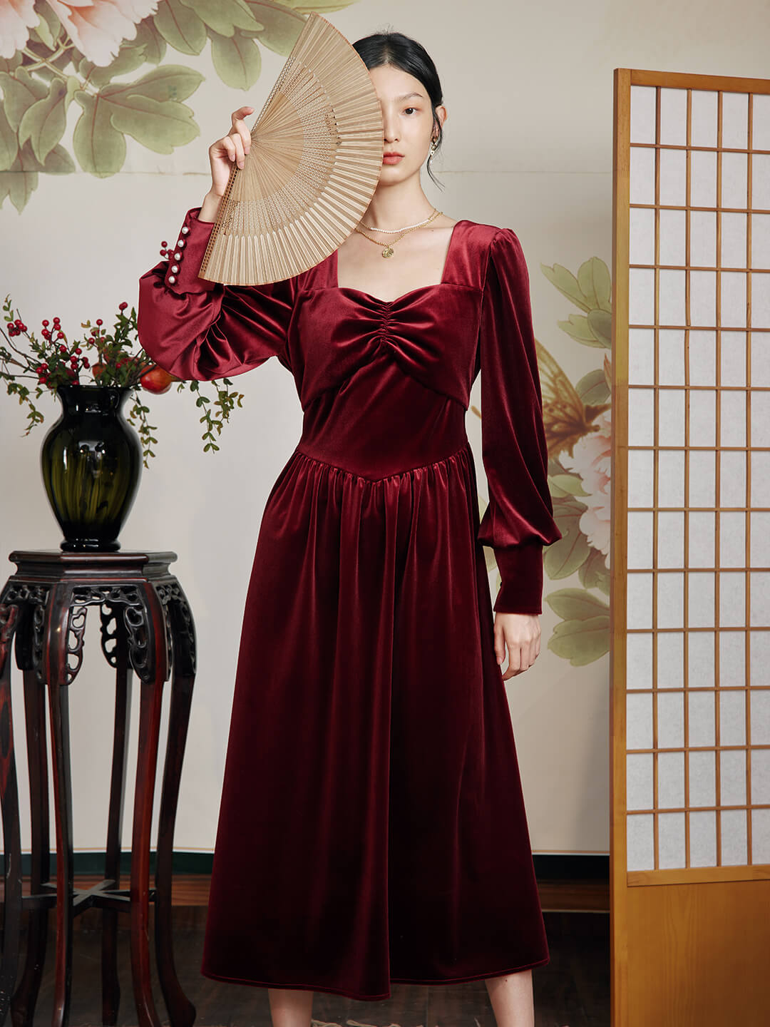 Imani Puff Sleeves Red Midi Velvet Dress