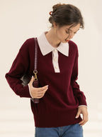 Selena Polo Contrast Collar 100% Wool Wine Red Knit Sweater