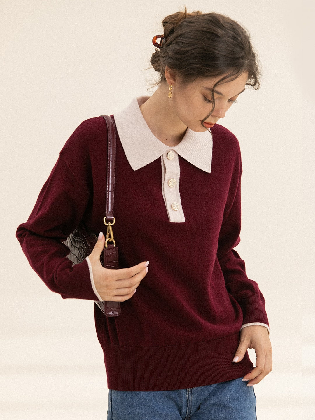 Selena Polo Contrast Collar 100% Wool Wine Red Knit Sweater