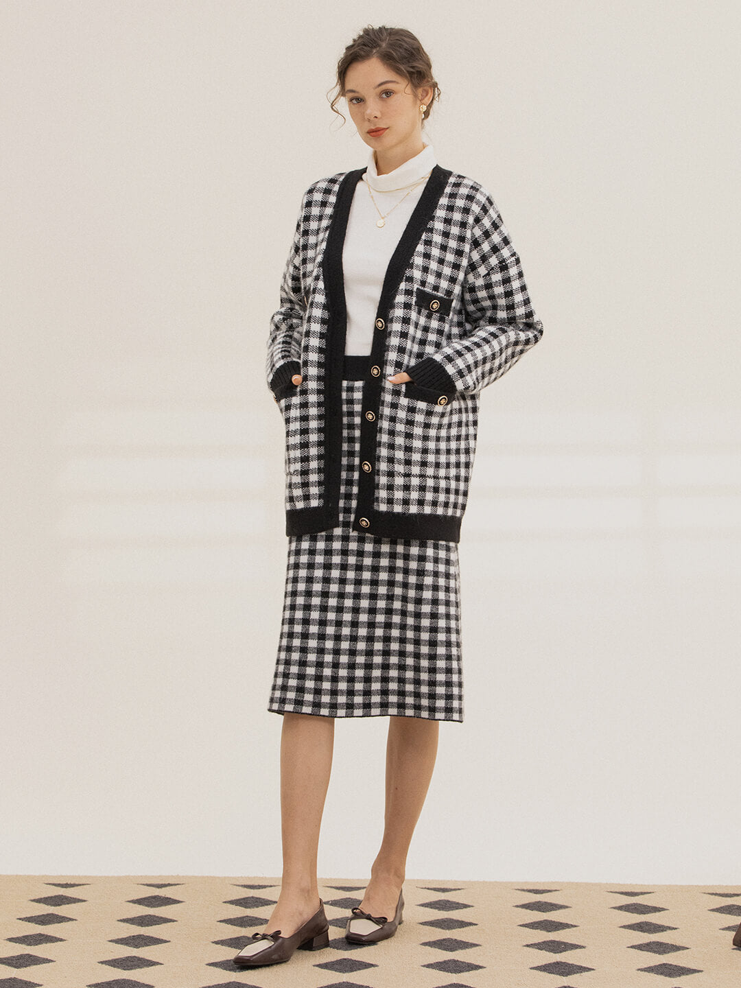 Ansley Checkerboard Black Midi Knitted Skirt