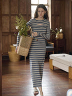 【Final Sale】Klaren Strip Knit Round Neck Slip Maxi Dress With Ribbon