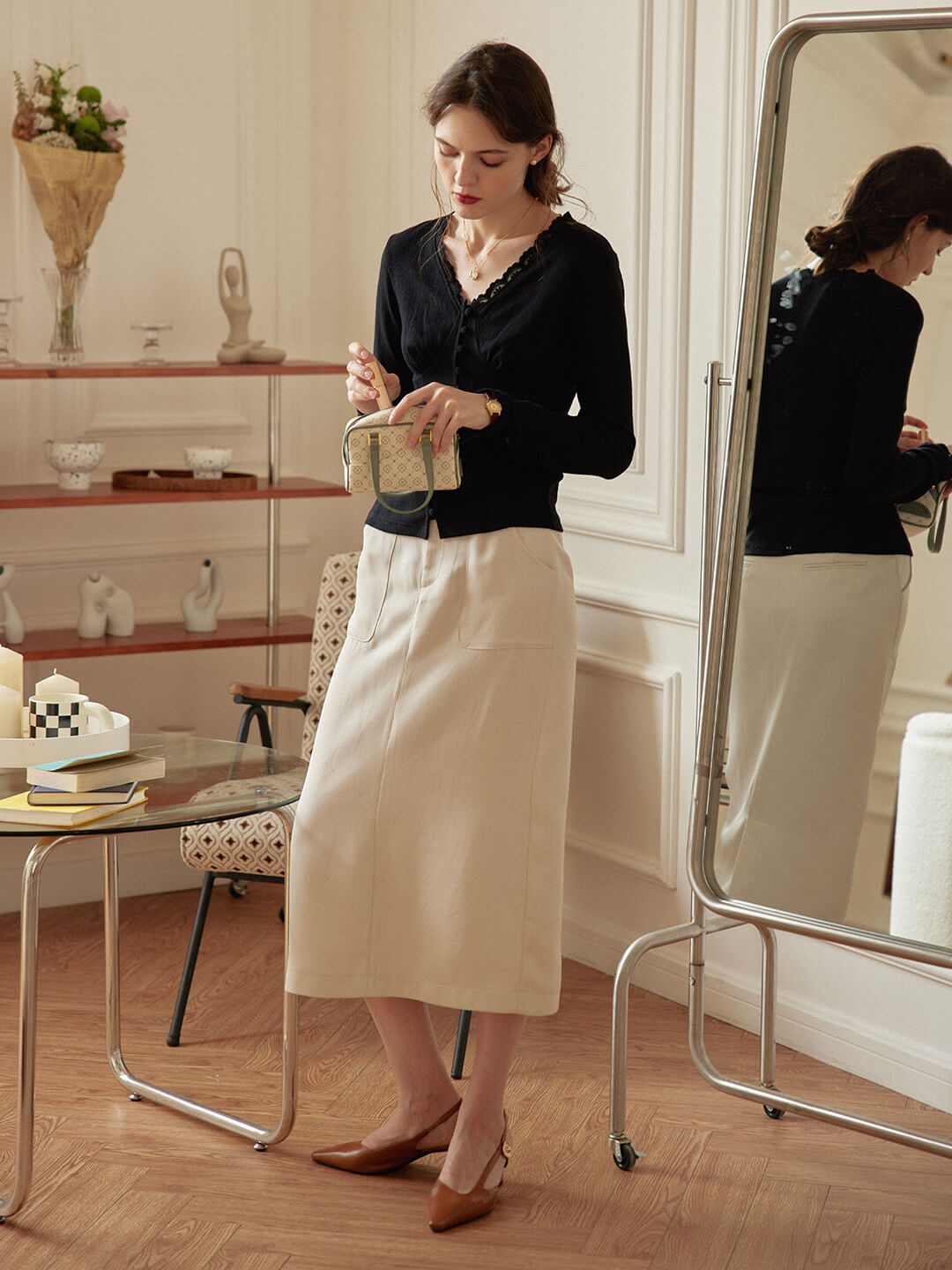 Odette Straight Beige Midi Skirt