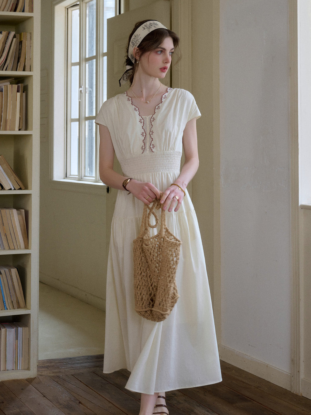 Adalyn Wavy Neck Embroidery 100% Cotton Dress