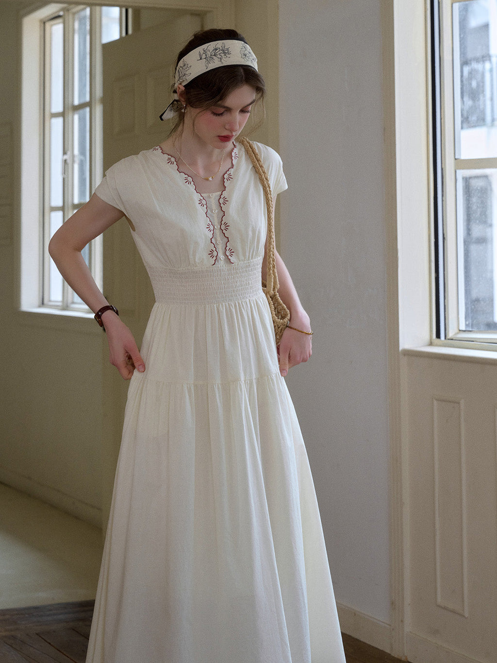 Adalyn Wavy Neck Embroidery 100% Cotton Dress