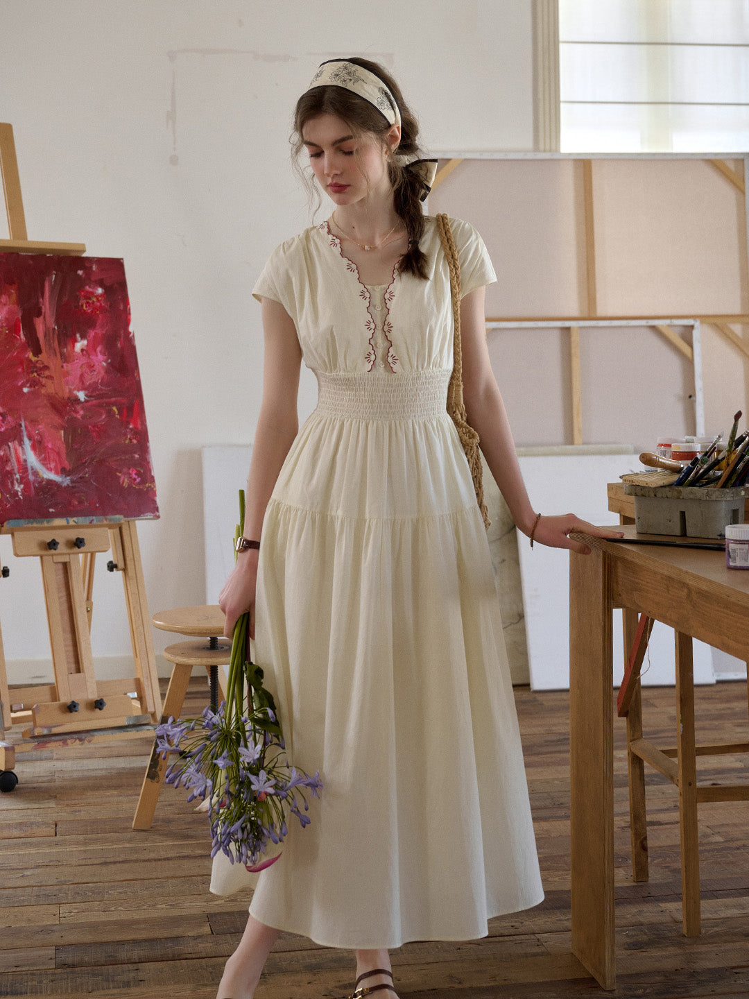 Adalyn Wavy Neck Embroidery 100% Cotton Dress