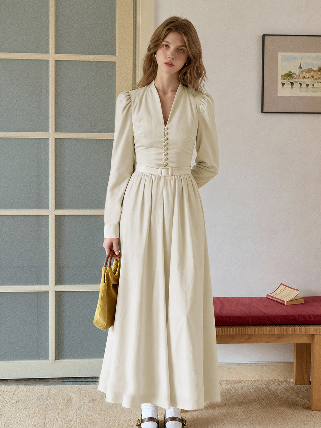 Bridget V-Neck Off White Dress