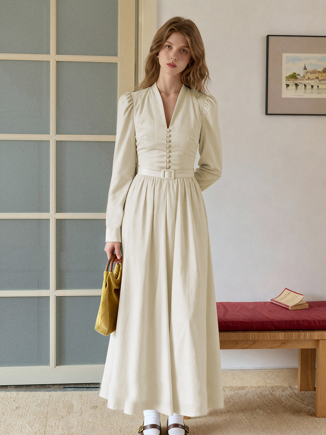 Bridget V-Neck Off White Dress