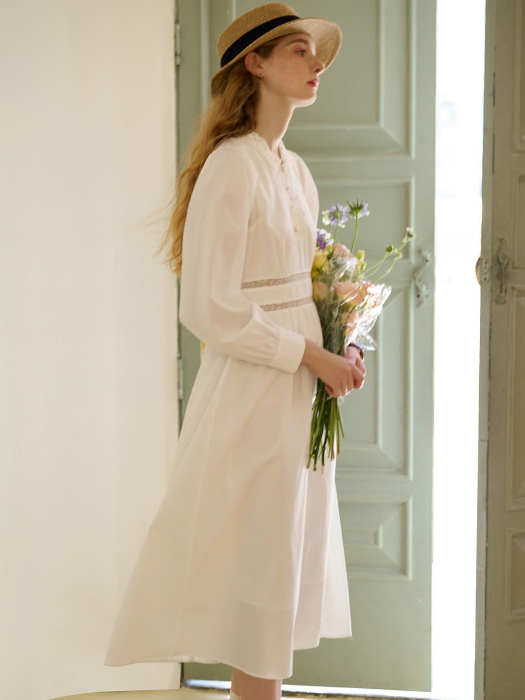 【Final Sale】Alaiya Lace Paneled Hollow Puff Sleeve Dress