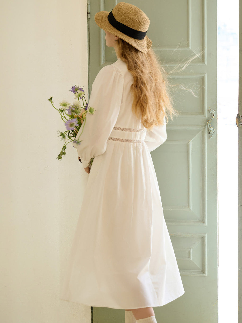 【Final Sale】Alaiya Lace Paneled Hollow Puff Sleeve Dress