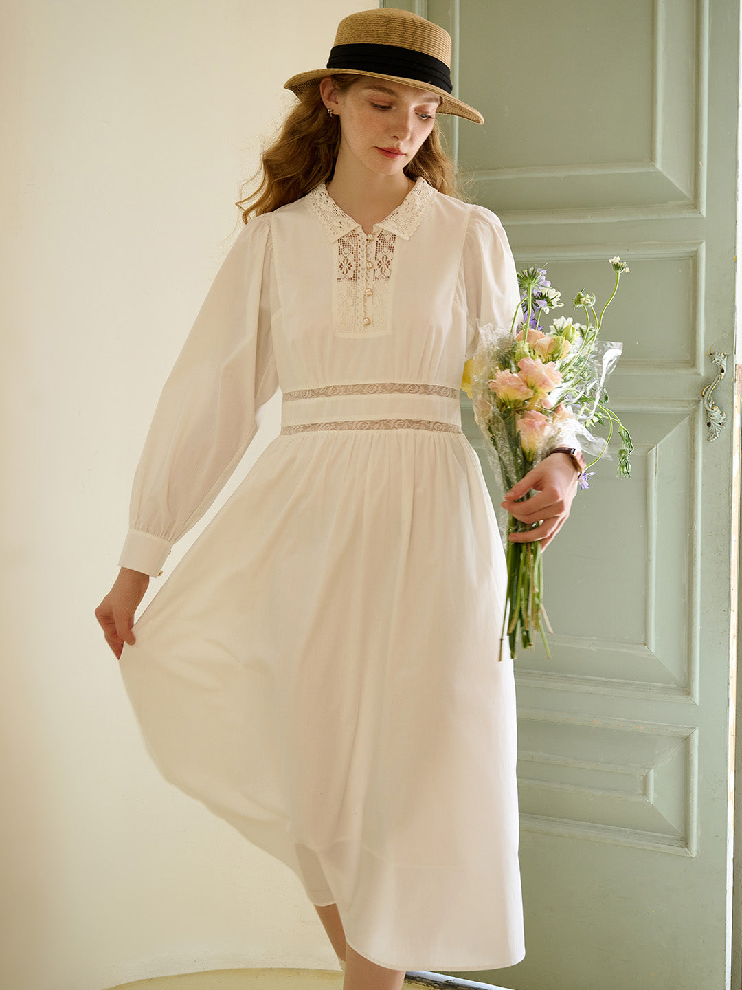 【Final Sale】Alaiya Lace Paneled Hollow Puff Sleeve Dress