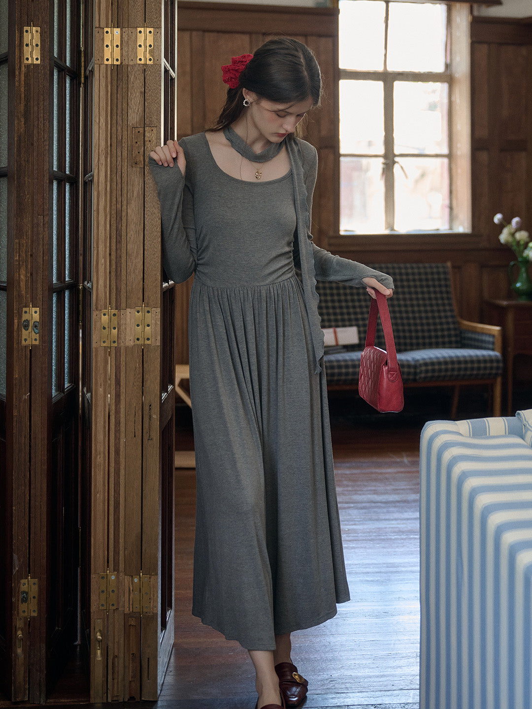 【Final Sale】Eloisa Round Neck Rose Bow Dress