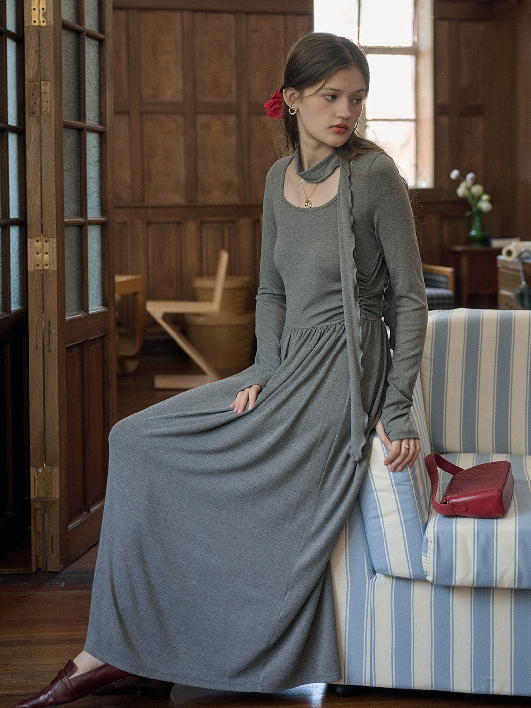【Final Sale】Eloisa Round Neck Rose Bow Dress