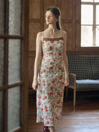 【Final Sale】Violet Romantic Pomegranate Print Lace Square Neck Sling Dress