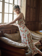 【Final Sale】Violet Romantic Pomegranate Print Lace Square Neck Sling Dress