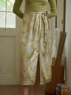 【Final Sale】Isabela Vintage Oil Painting Print Waist Tie Slit Satin Skirt