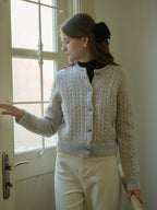 Leslie SR Logo Embroidery Crew Neck Contrast Striped 100% Wool Cardigan
