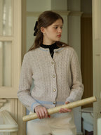 Leslie SR Logo Embroidery Crew Neck Contrast Striped 100% Wool Cardigan