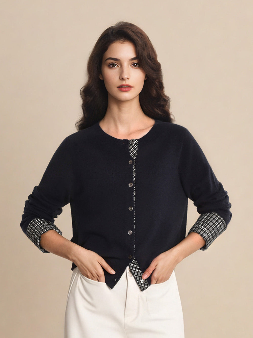 Ariyah Round Neck Plaid 100% Wool Cardigan