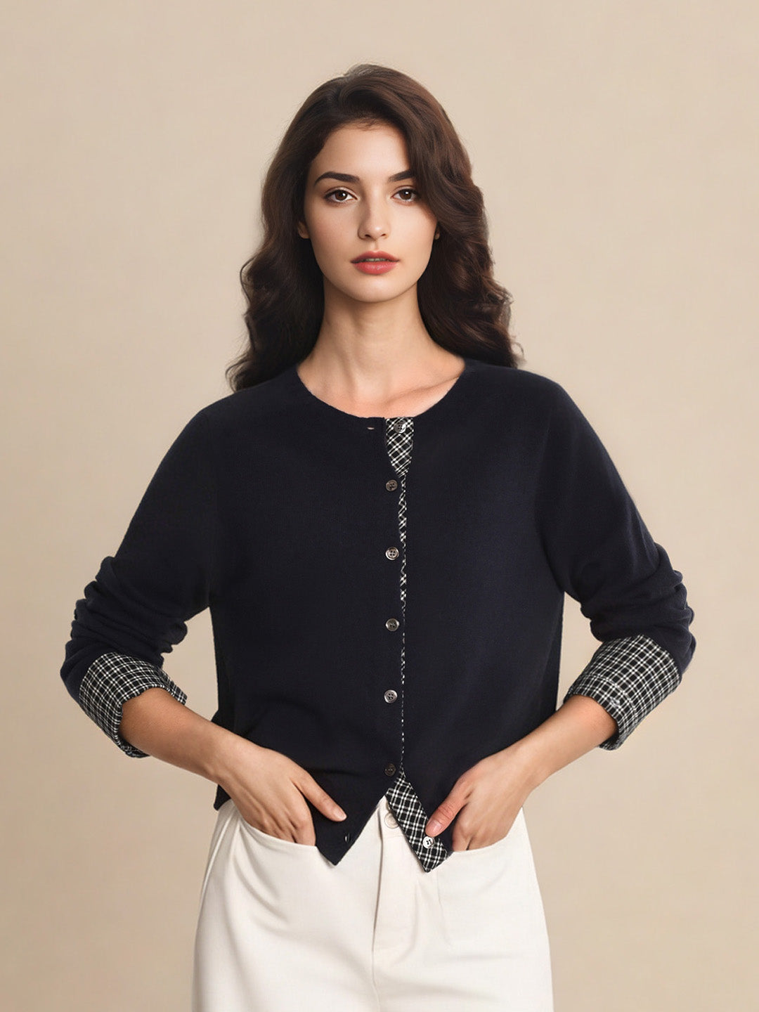 Ariyah Round Neck Plaid 100% Wool Cardigan