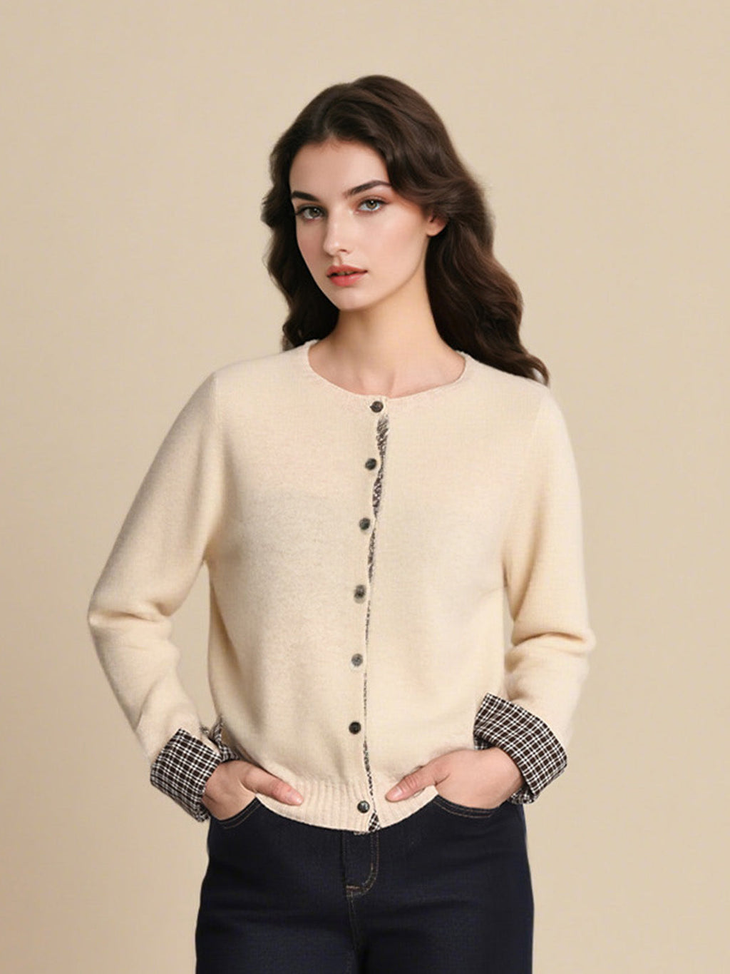 Ariyah Round Neck Plaid 100% Wool Cardigan