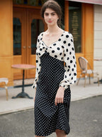 【Final Sale】Saanvi Elegant Square Neck Polka Dot Stitching Balloon Sleeve Dress