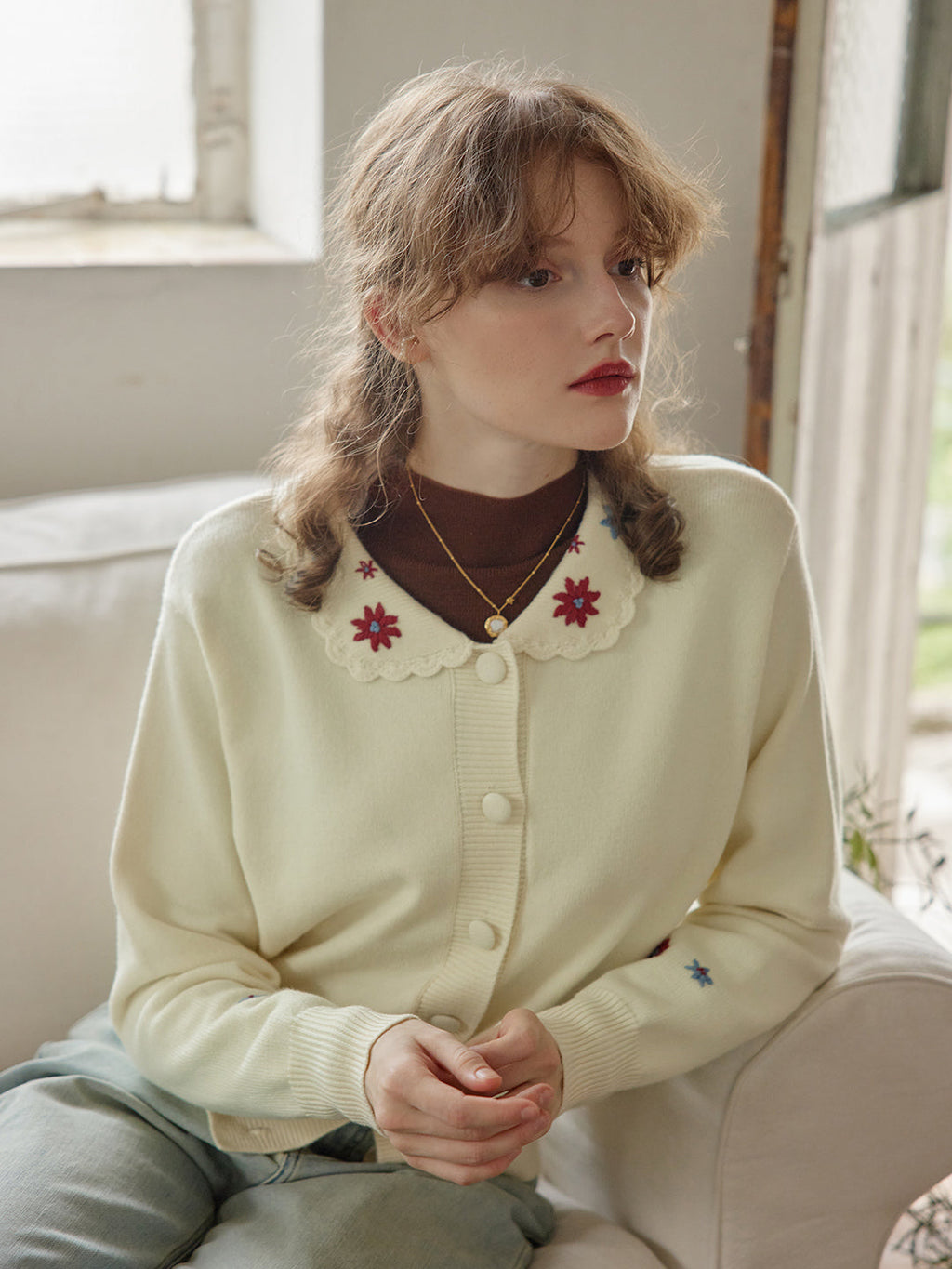 【Final Sale】Grace Floral Embroidered Apricot Knit Cardigan