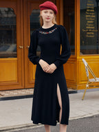 Lily Floral Embroidery Back hollow Split Sweater Dress