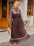 【Final Sale】Isabel Floral Print Guipure Lace Insert Flounce Sleeve Ruffle Hem Dress